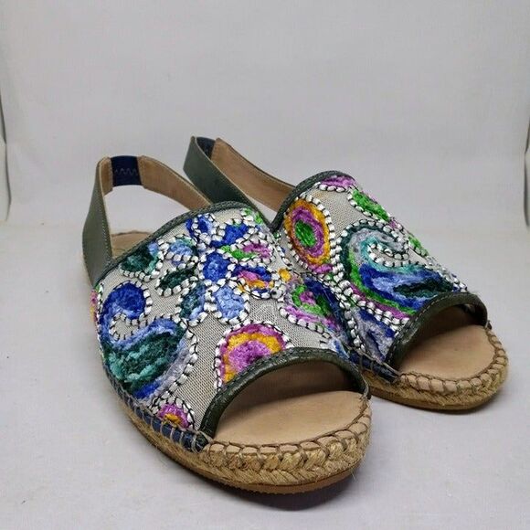 Gaimo Size 7 Open Toe Espadrilles-Embroidered Floral Vamp-Leather Sole & Strap - Picture 1 of 9